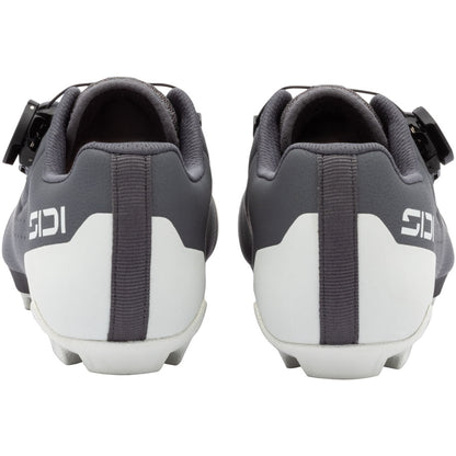 Women’s clipless cycling shoe rear view, dark gray upper with white heel panel and strap