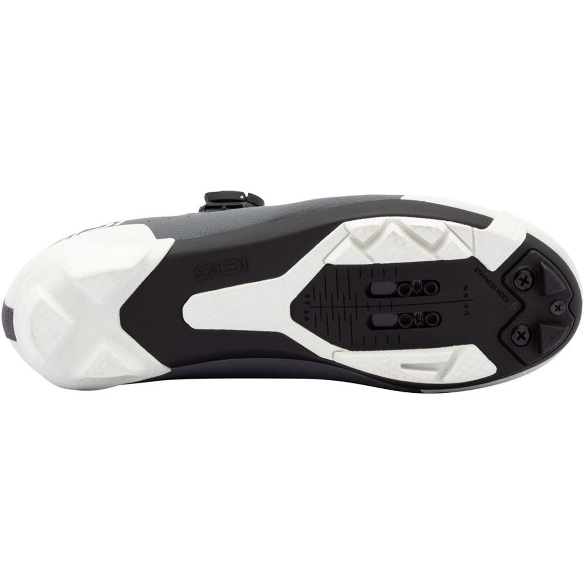 Women’s clipless cycling shoe outsole view, white sole with black traction tread