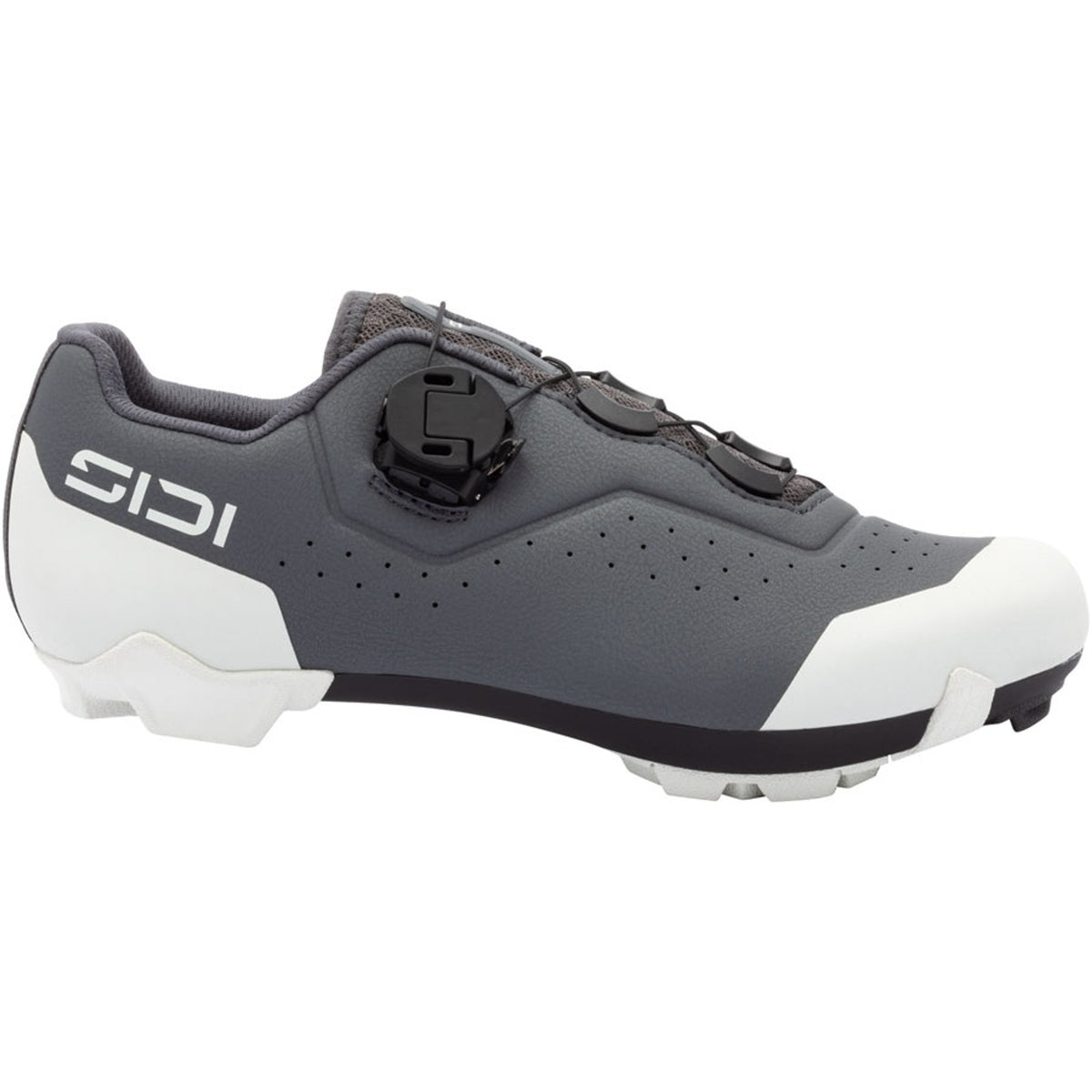 Women’s dark gray clipless cycling shoe with white accents and black buckle closures
