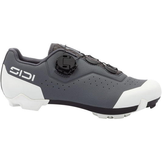 Women’s dark gray clipless cycling shoe with white accents and black buckle closures