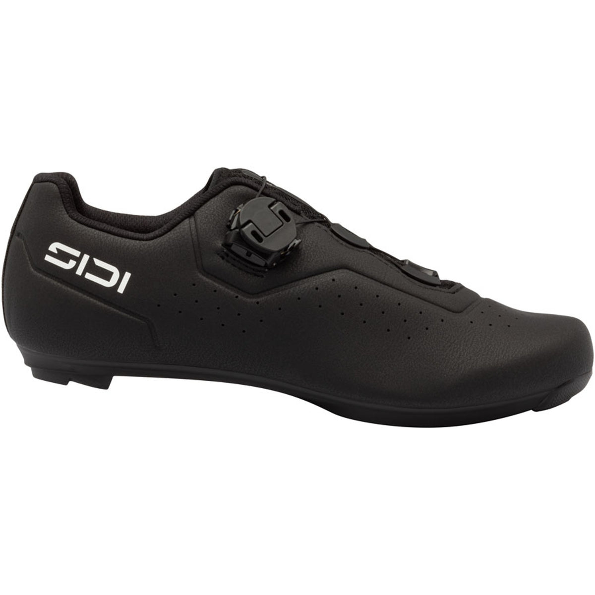 Black road cycling shoe with SIDI logo, perforated upper, rear strap closure