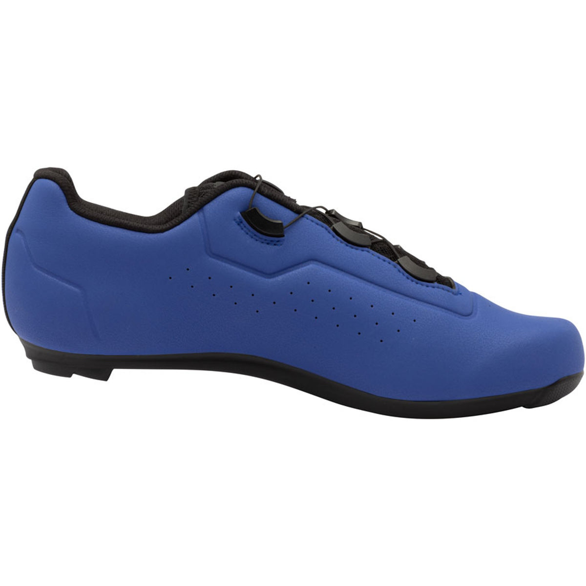 Blue road cycling shoe with perforated upper and single strap with buckle