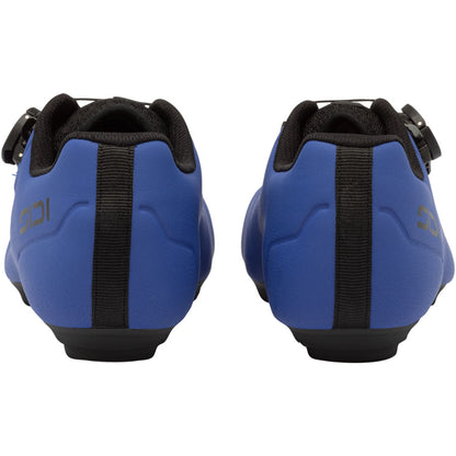 Blue cycling shoe heel view with padded collar and elastic rear panel