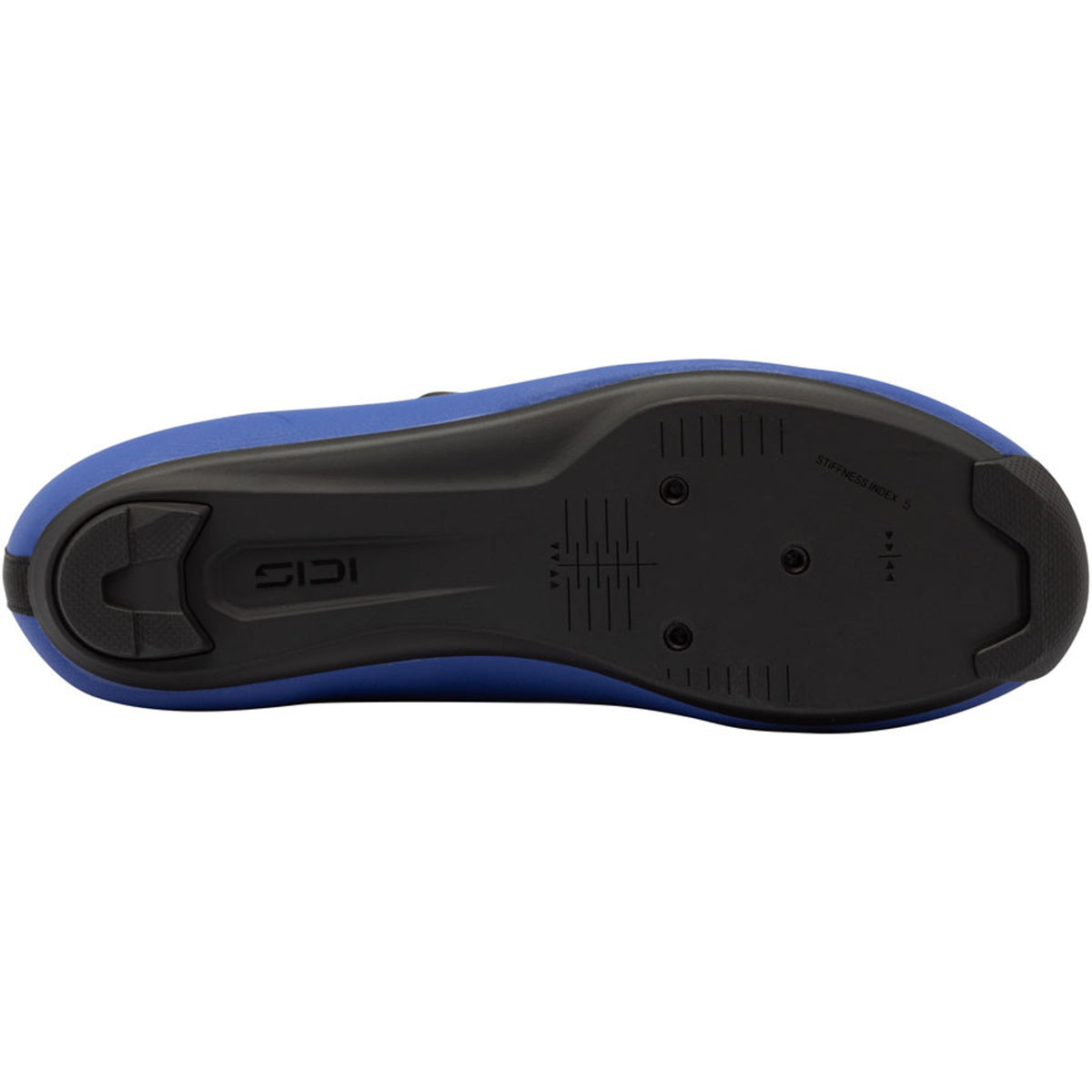 Blue cycling shoe outsole with SPD cleat recess and rubber grip tread