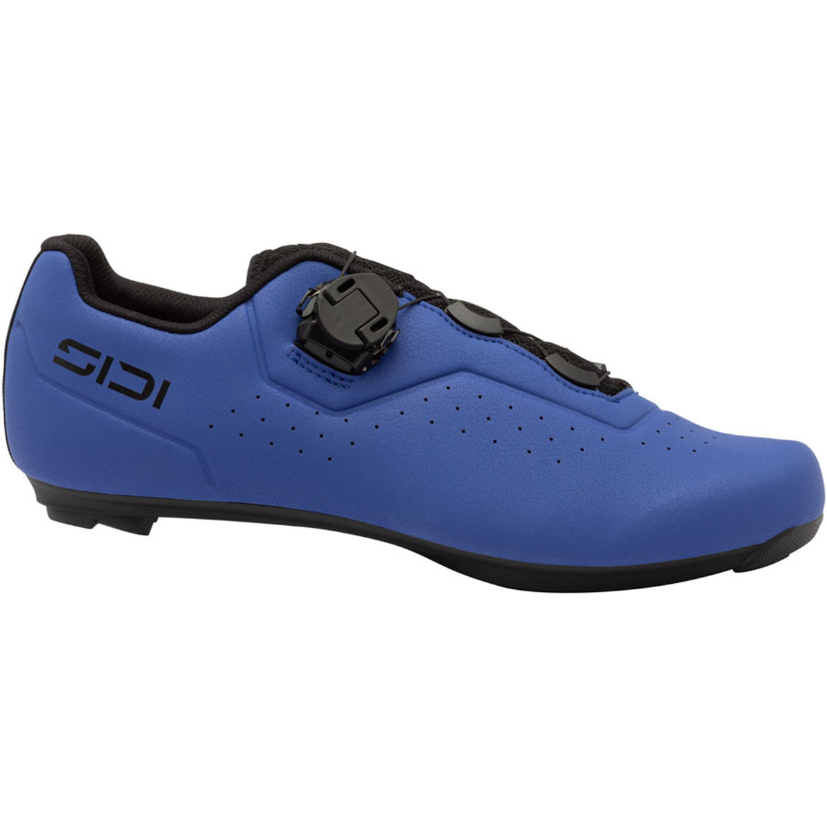Blue road cycling shoe with hook-and-loop strap and black buckle detail