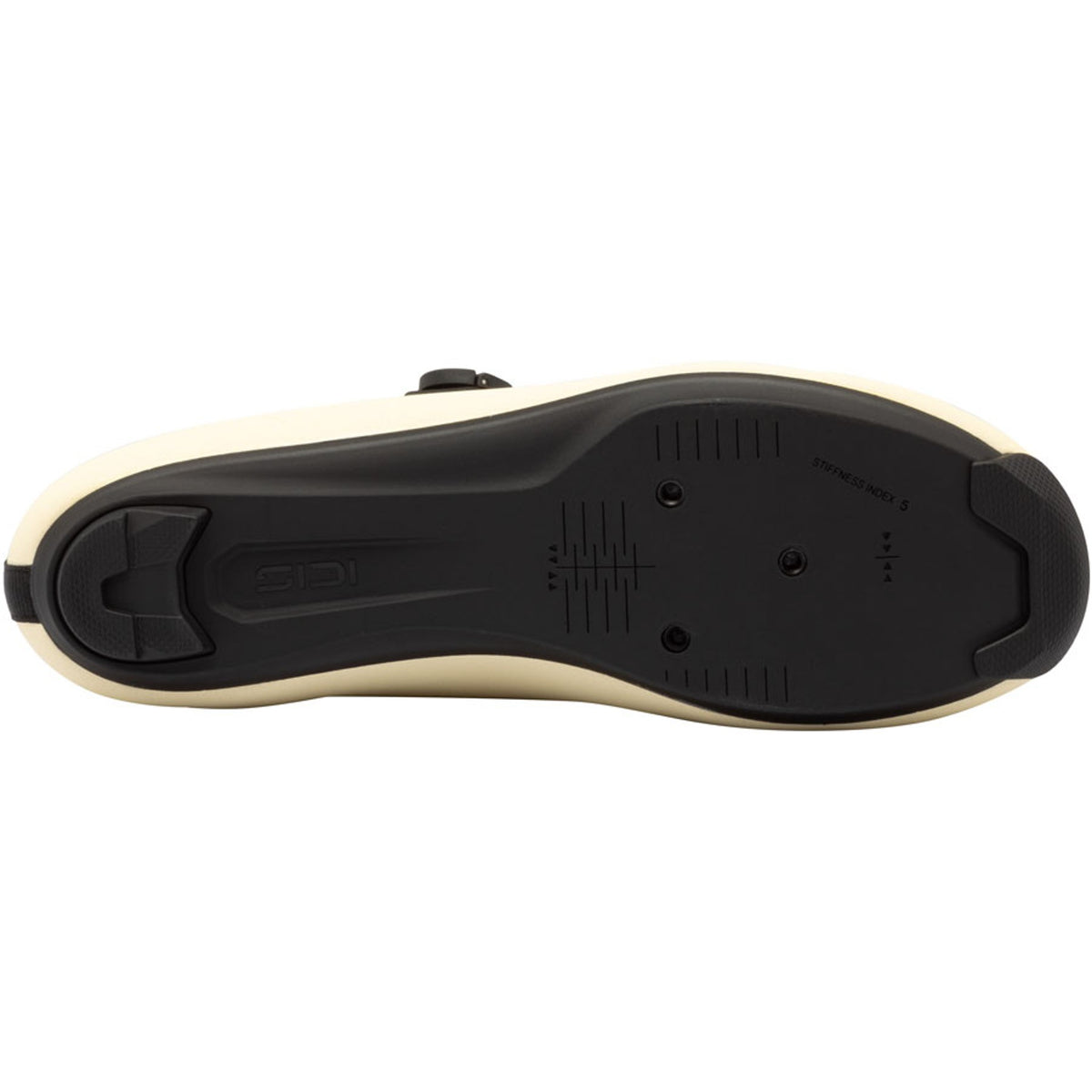 Cream road cycling shoe outsole with black tread and mounting panel detail