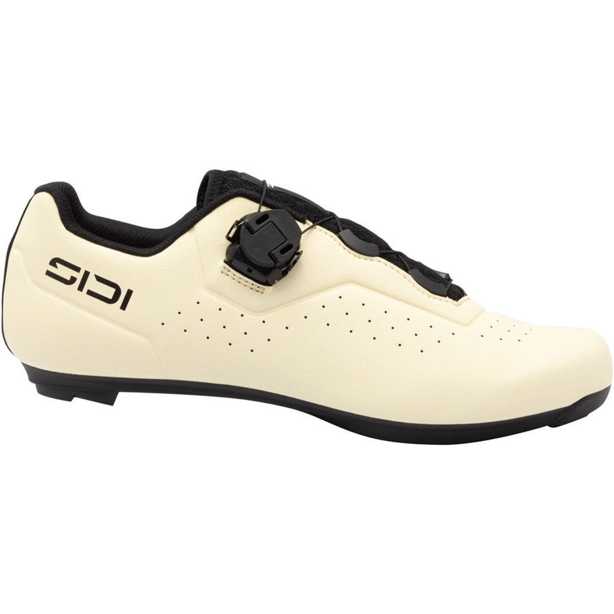 Cream road cycling shoe with black straps, cleat cover, and perforated upper
