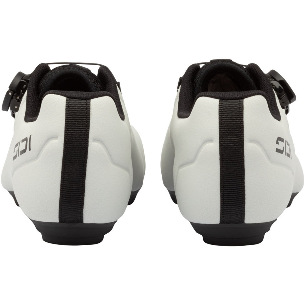 Light grey cycling shoes with black elastic heel straps and SIDI branding