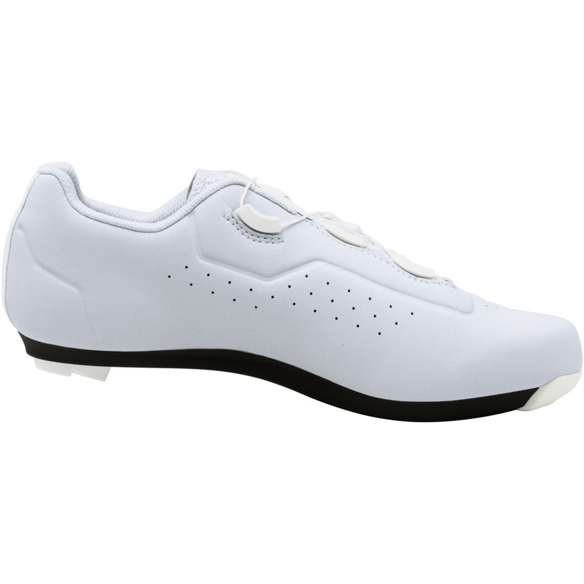 Women's road cycling shoe, light sky gray, side view with vent holes and strap