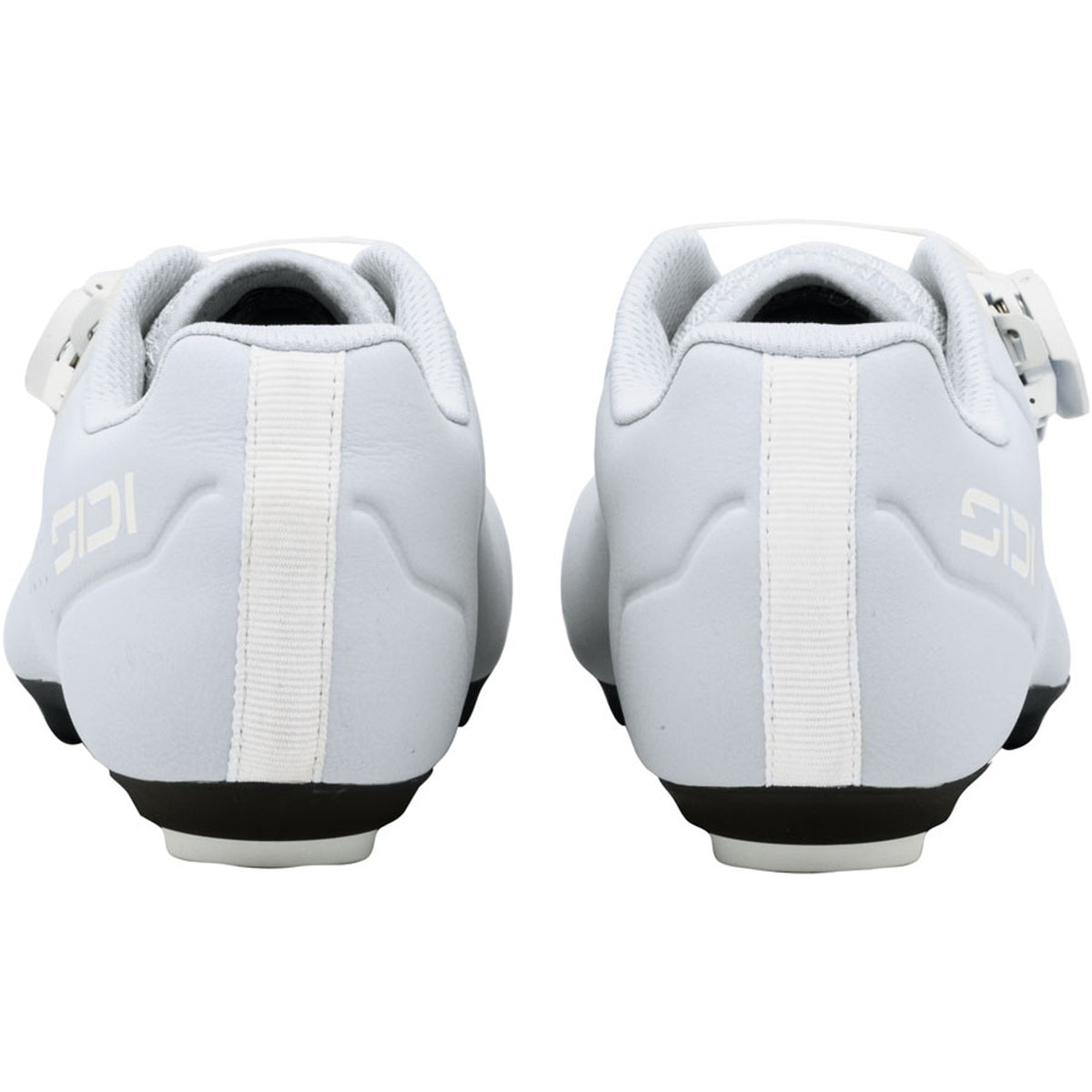 Women's cycling shoe, light sky gray, rear view with center stripe and padded heel