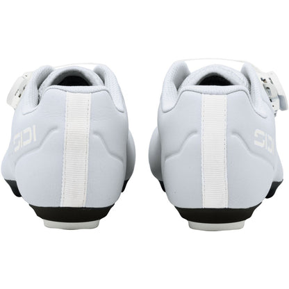 Women's cycling shoe, light sky gray, rear view with center stripe and padded heel