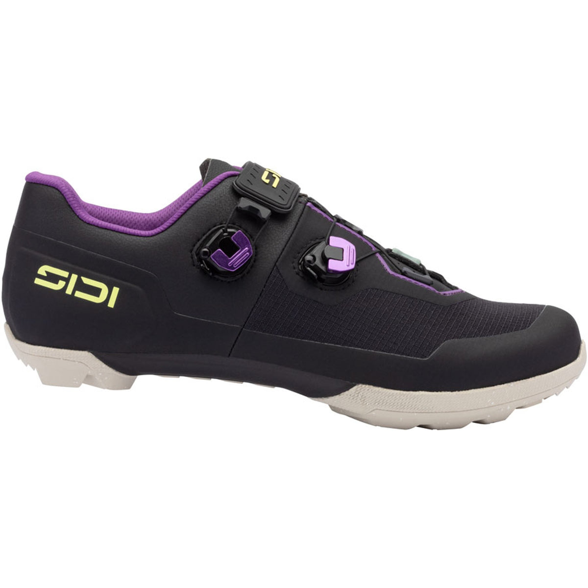 Black gravel cycling shoe with purple trim, buckle closure, and white sole tread