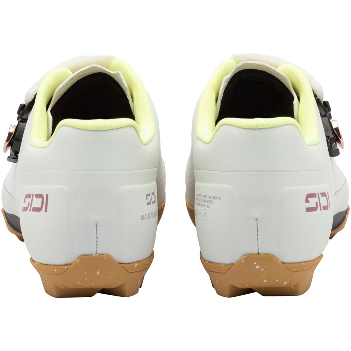 Ice white cycling shoe heel view with lime lining, back logo, and two closure straps