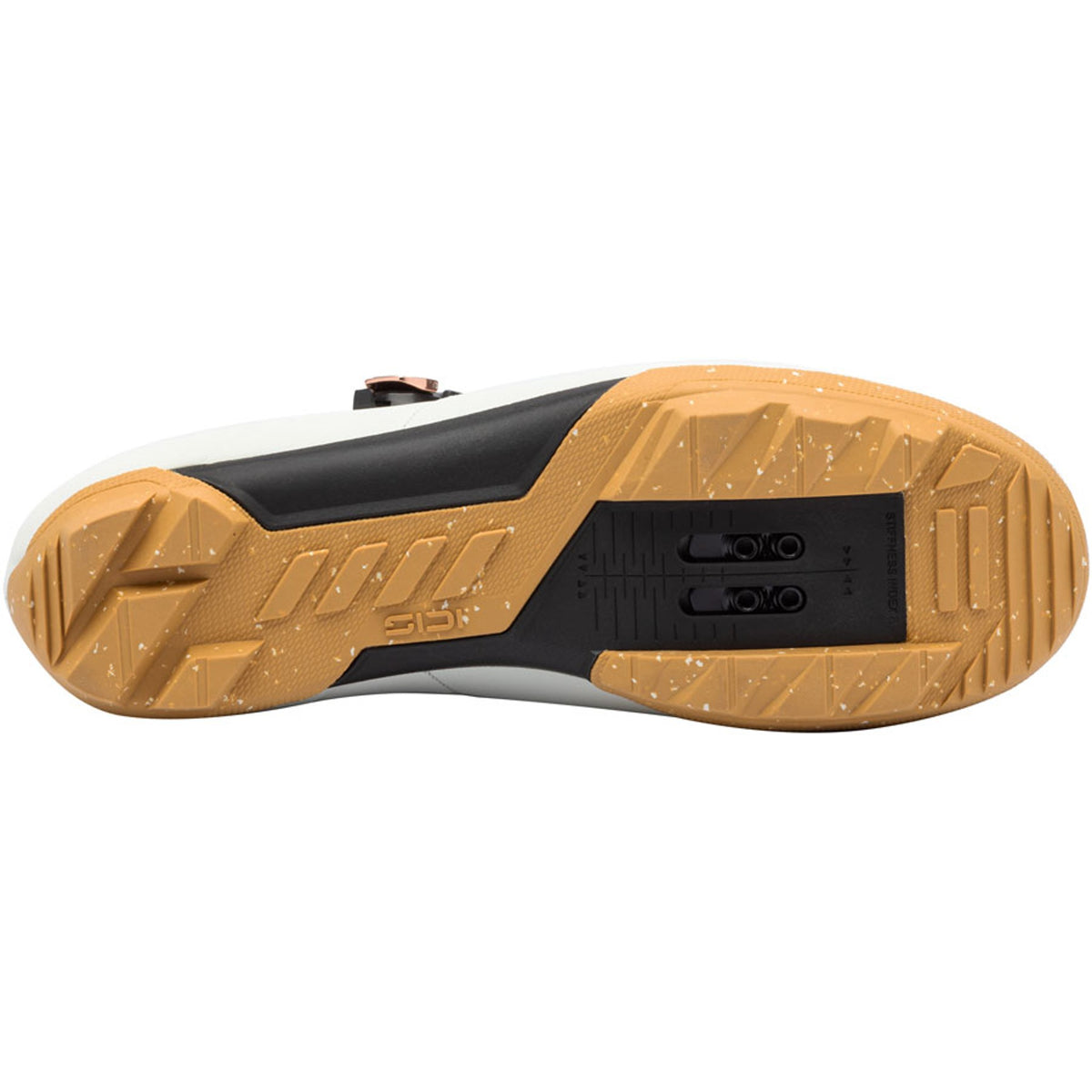 Ice white cycling shoe outsole with chunky brown traction tread and black center insert