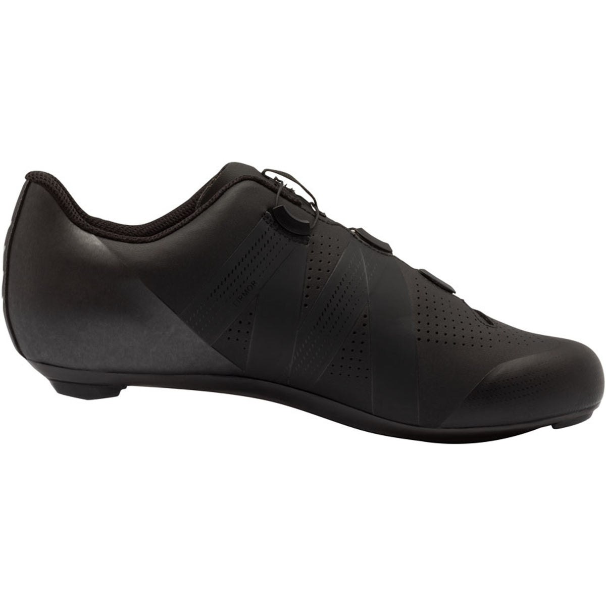 Dark gray road cycling shoe side view with hook-and-loop closure and perforated panels