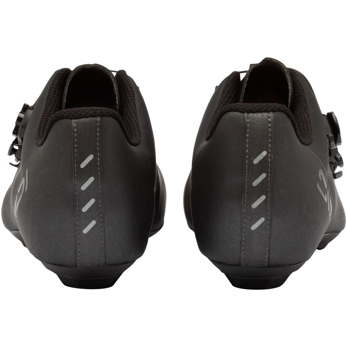 Dark gray cycling shoe heel view with padded collar and hook-and-loop closure tabs