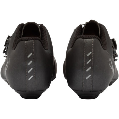 Dark gray cycling shoe heel view with padded collar and hook-and-loop closure tabs