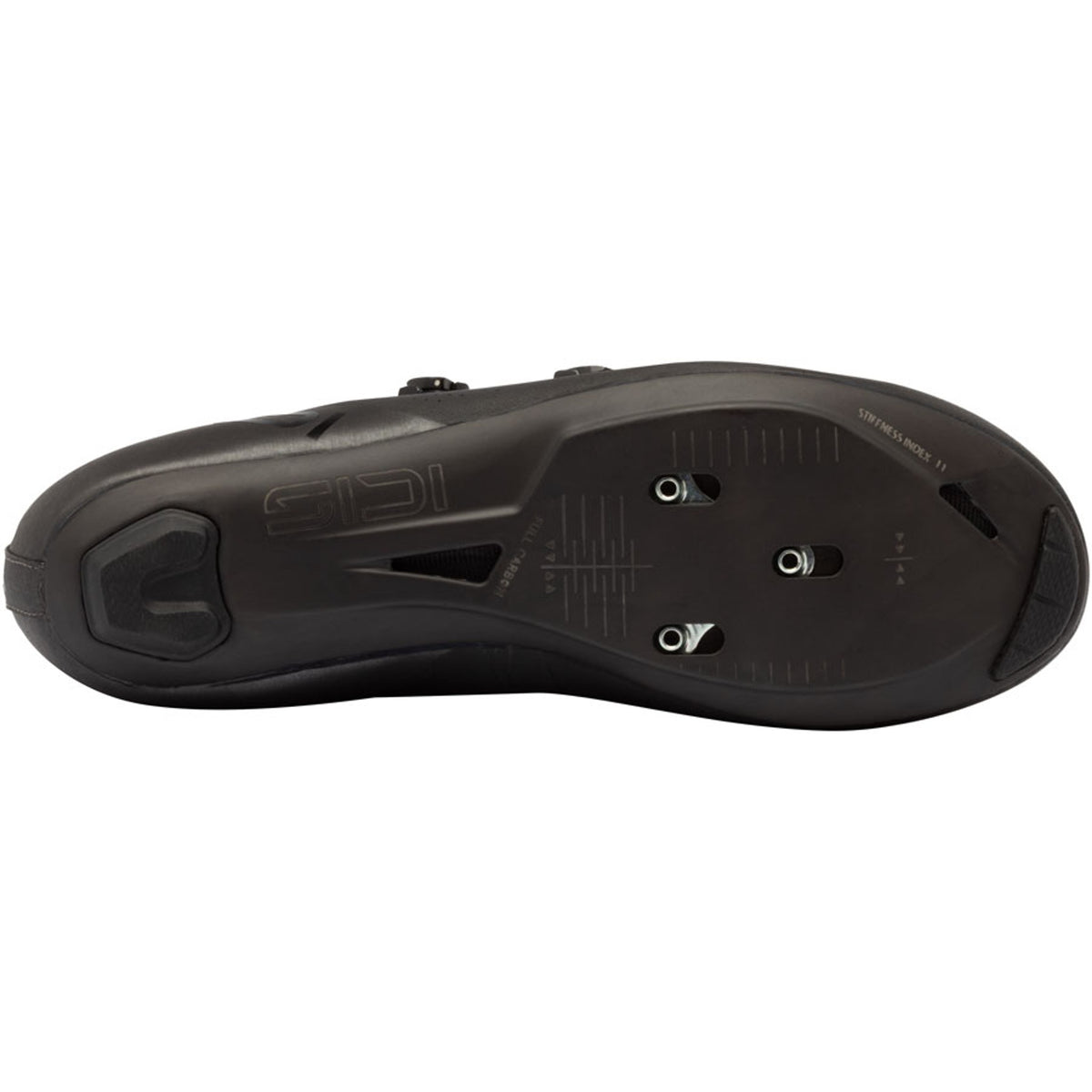 Dark gray road cycling shoe outsole with tread and clip mounting points