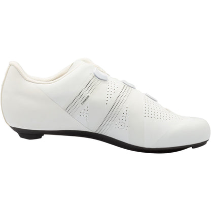 White road cycling shoe with lace-up top, perforations, and black sole