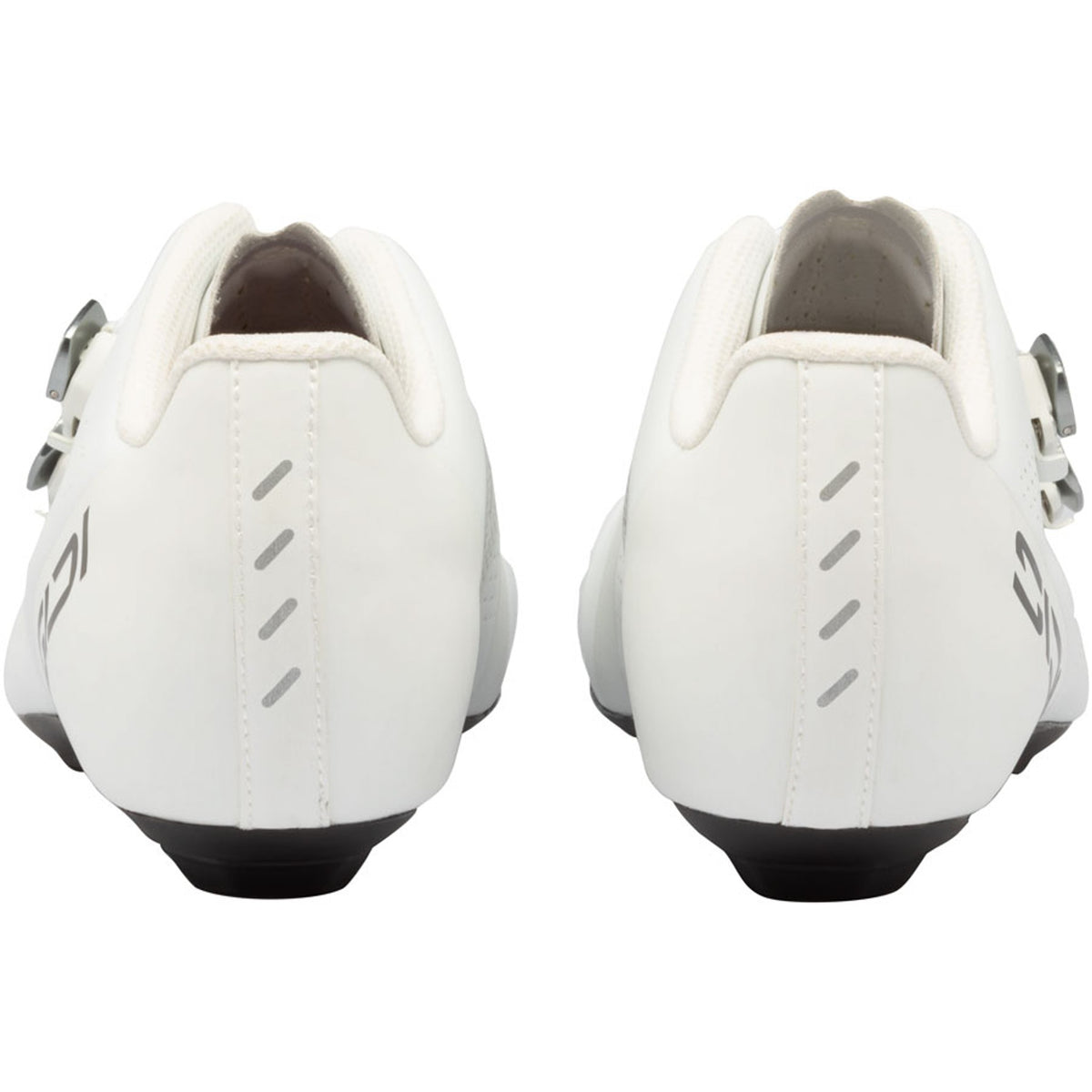 Pair of white road cycling shoes with rear heel counters and metal buckle hardware