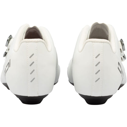 Pair of white road cycling shoes with rear heel counters and metal buckle hardware