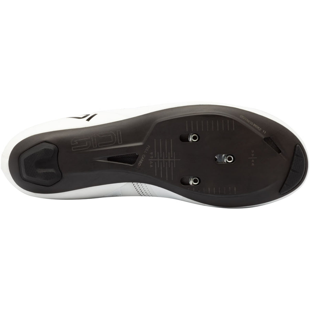 White road cycling shoe outsole with cleat bolt holes and black tread