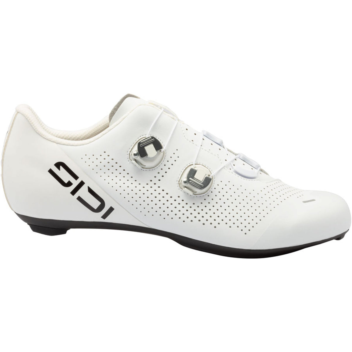 White road cycling shoe with two metal buckles and perforated side panels, black sole