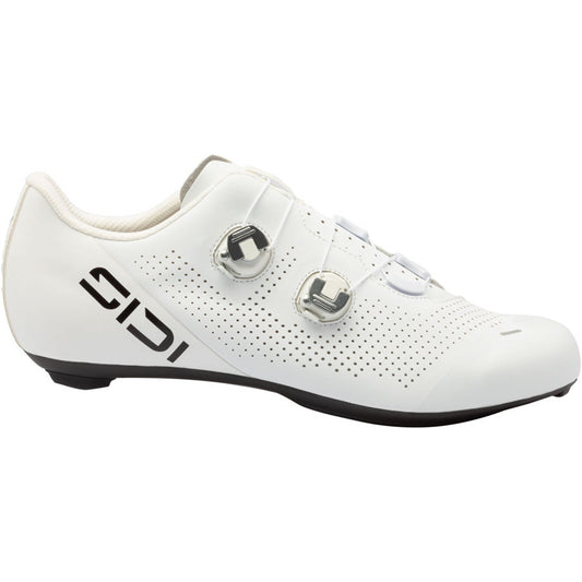White road cycling shoe with two metal buckles and perforated side panels, black sole