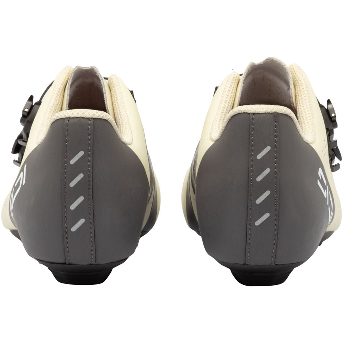 Road cycling shoe rear view with dark heel panels and light collar with pull tab