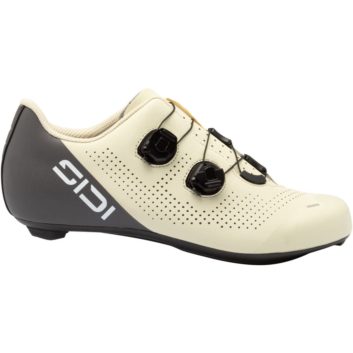 Women’s road cycling shoe in vanilla cream with dark side logo and dual straps