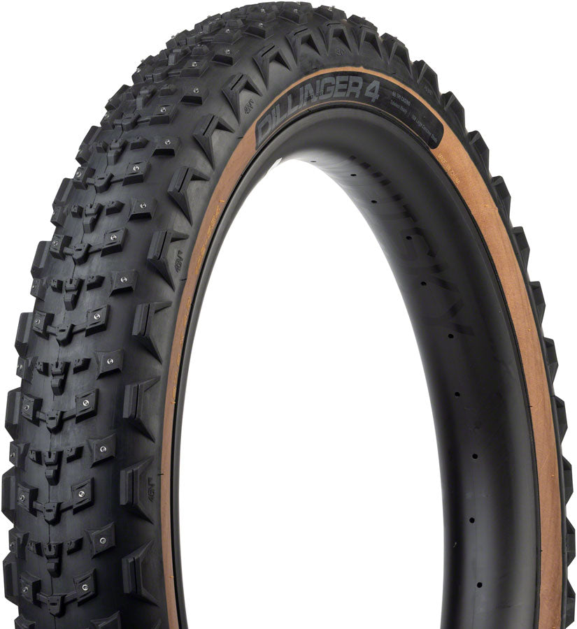 Dillinger 4 Tire - 26 x 4.2 Tubeless Folding Tan 60 TPI 168 Large Concave Carbide Aluminum Studs - Bicycle Warehouse