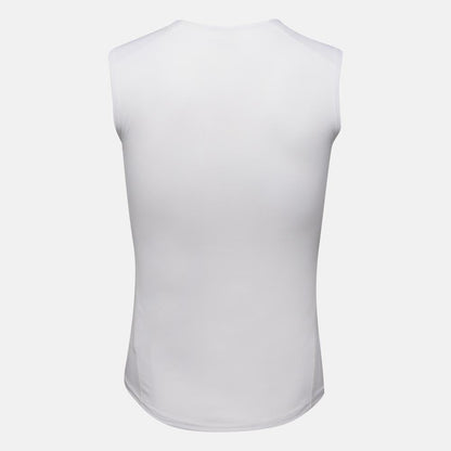 White men's sleeveless mesh base layer, back view