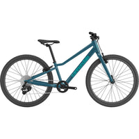 Kids teal bicycle with black saddle, front suspension fork, and spoked wheels