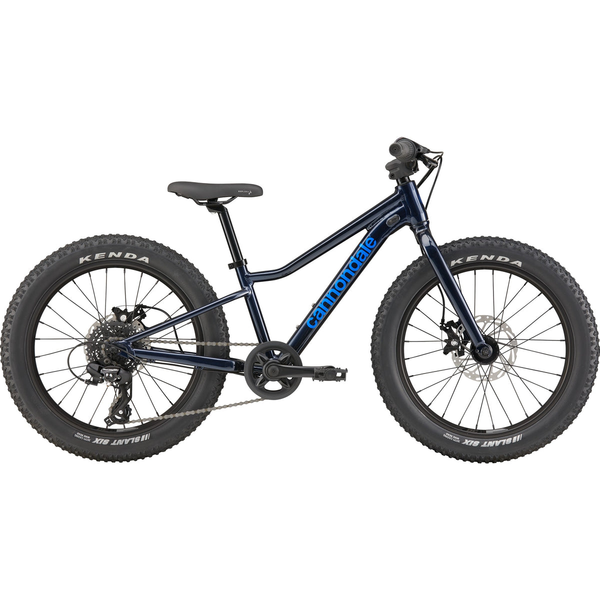 Blue kids trail bike with front suspension fork and wide knobby tires