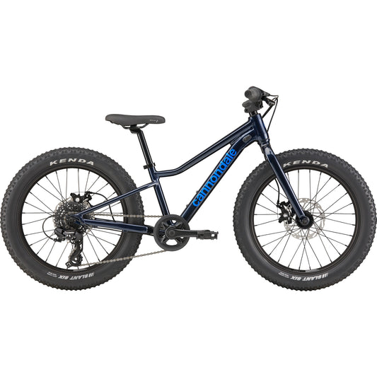 Blue kids trail bike with front suspension fork and wide knobby tires