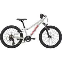 Kids 20-inch trail bike, silver frame with black wheels and front suspension
