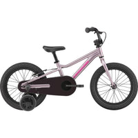 Kids single-speed bike, lavender frame with dark chain guard and training wheels