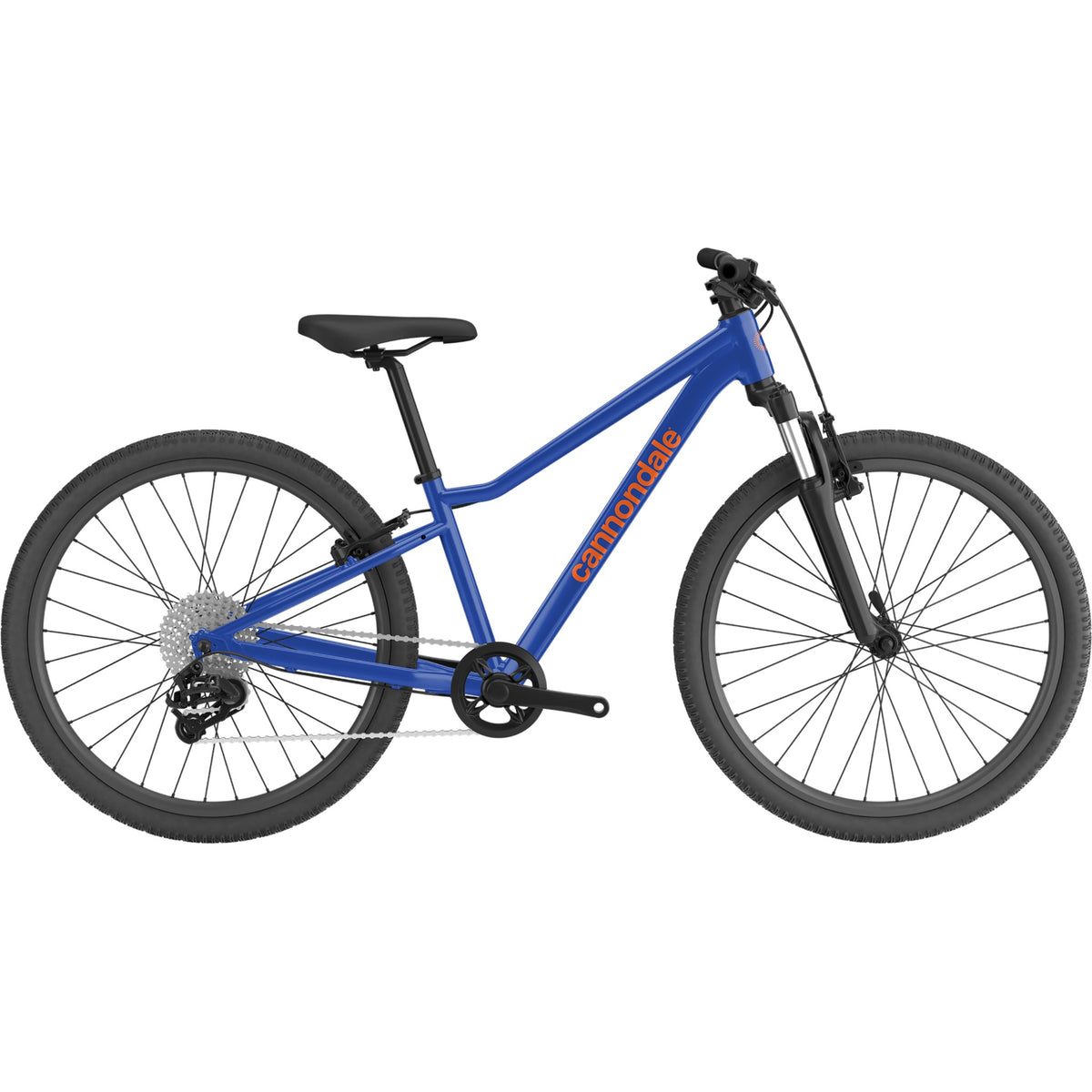 Kids trail bicycle, bright blue frame, front suspension fork, black saddle