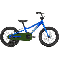 Kids single-speed bike, blue frame with green chain guard and training wheels