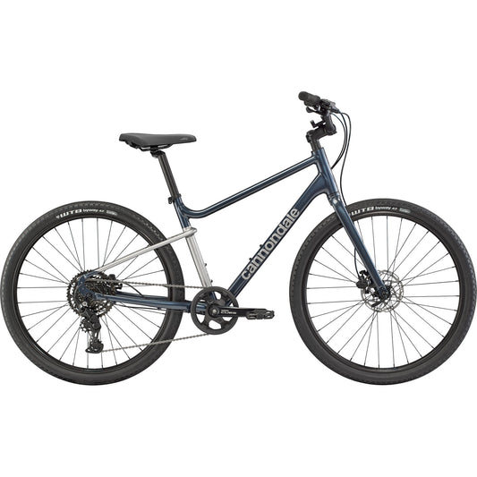 Tungsten blue Cannondale road bicycle with disc brakes and flat handlebar