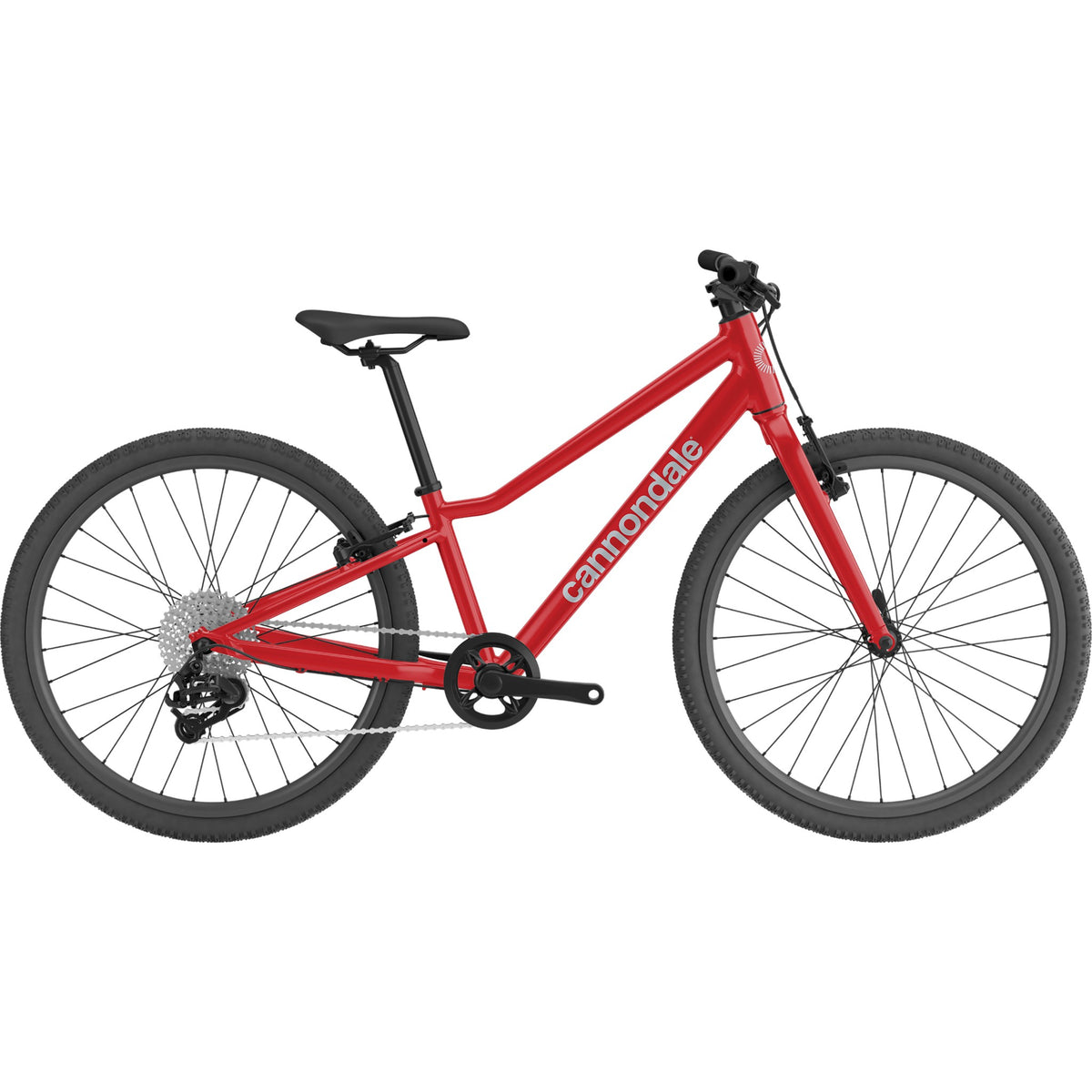 Kids red bicycle with black saddle, front suspension fork, and spoked wheels