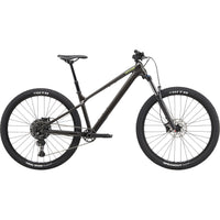 Dark hardtail mountain bike with front suspension and disc brakes, side view