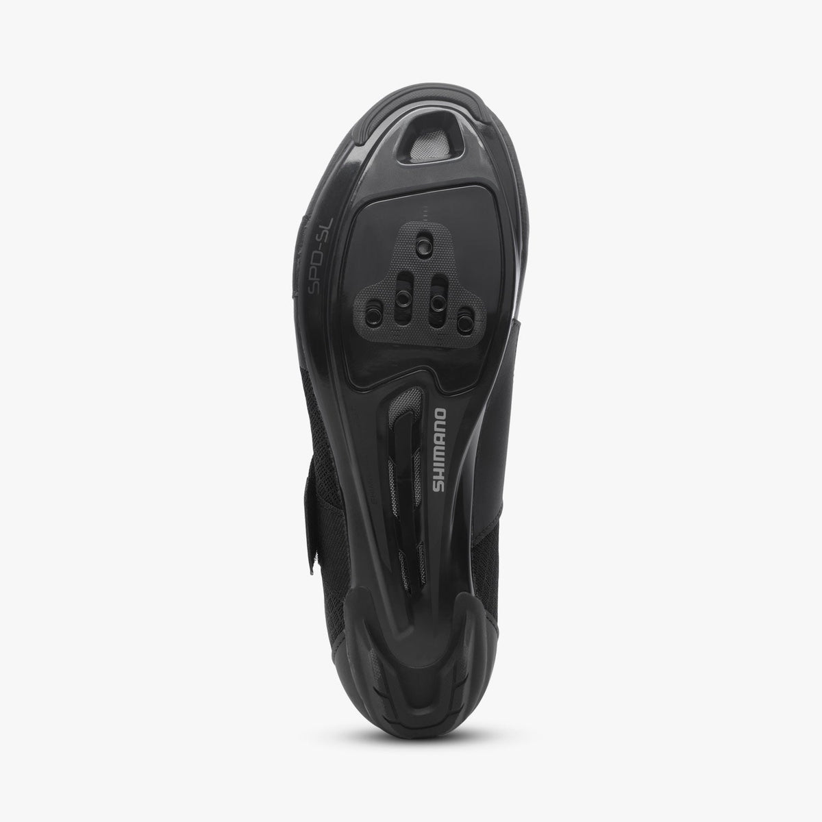 Underside of a black Shimano women's cycling shoe with cleat mounts and tread