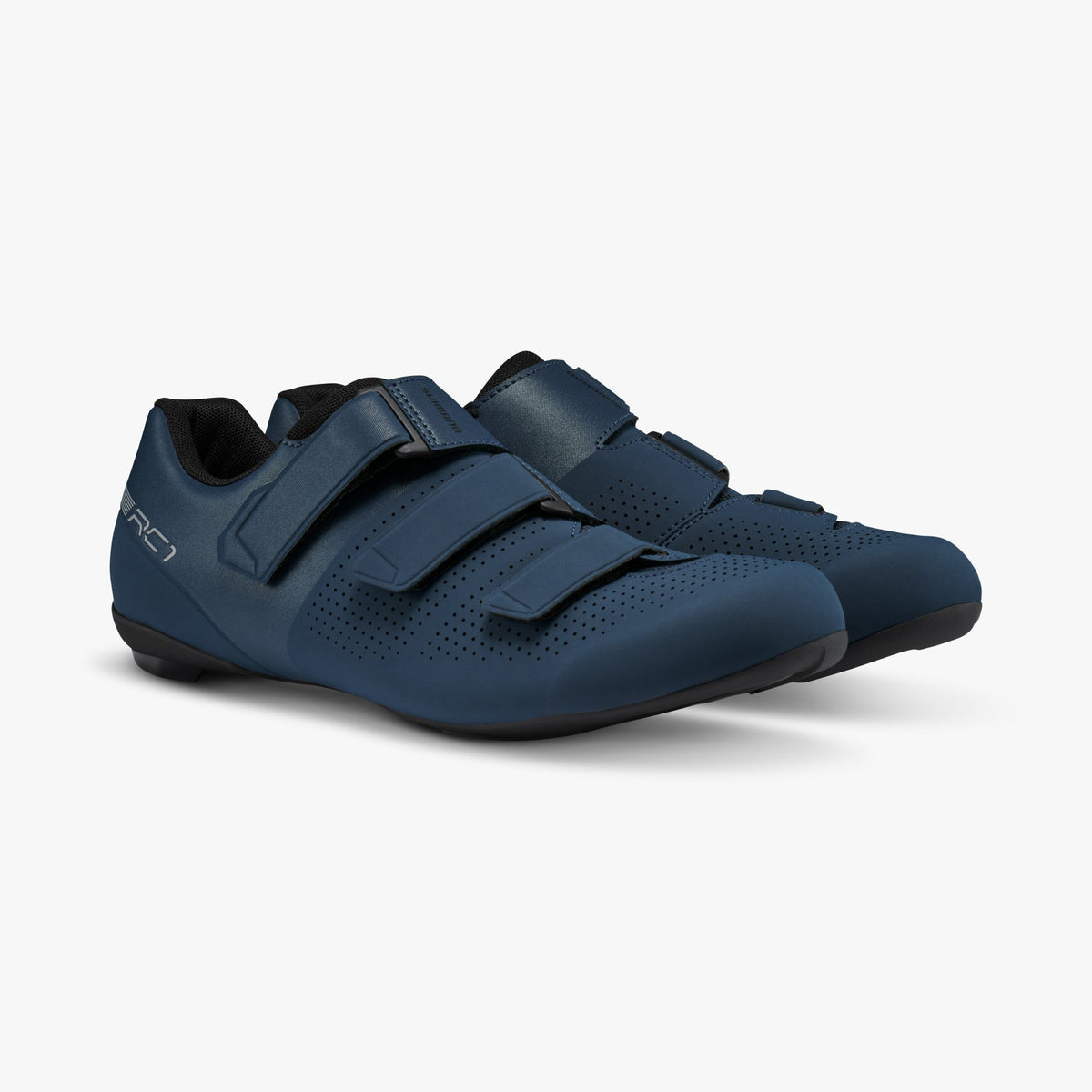 Navy athletic cycling shoes with three hook-and-loop straps and perforated upper