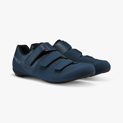 Navy athletic cycling shoes with three hook-and-loop straps and perforated upper