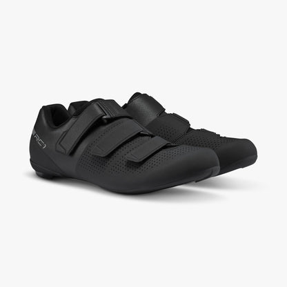 Black athletic cycling shoes with three hook-and-loop straps and perforated upper