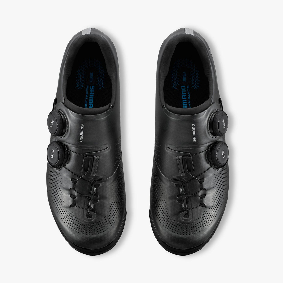 Pair of black cycling shoes with dual BOA dials and perforated toe