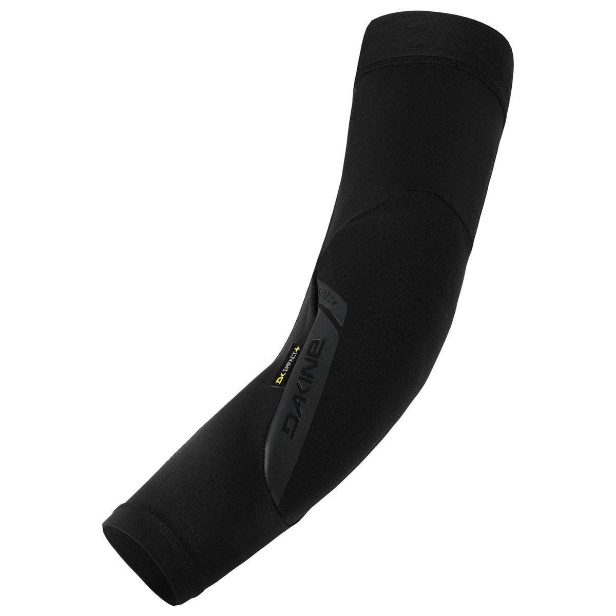 Black compression elbow sleeve with curved seam and printed logo panel