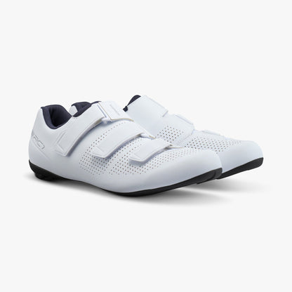White athletic cycling shoes with three hook-and-loop straps and perforated upper