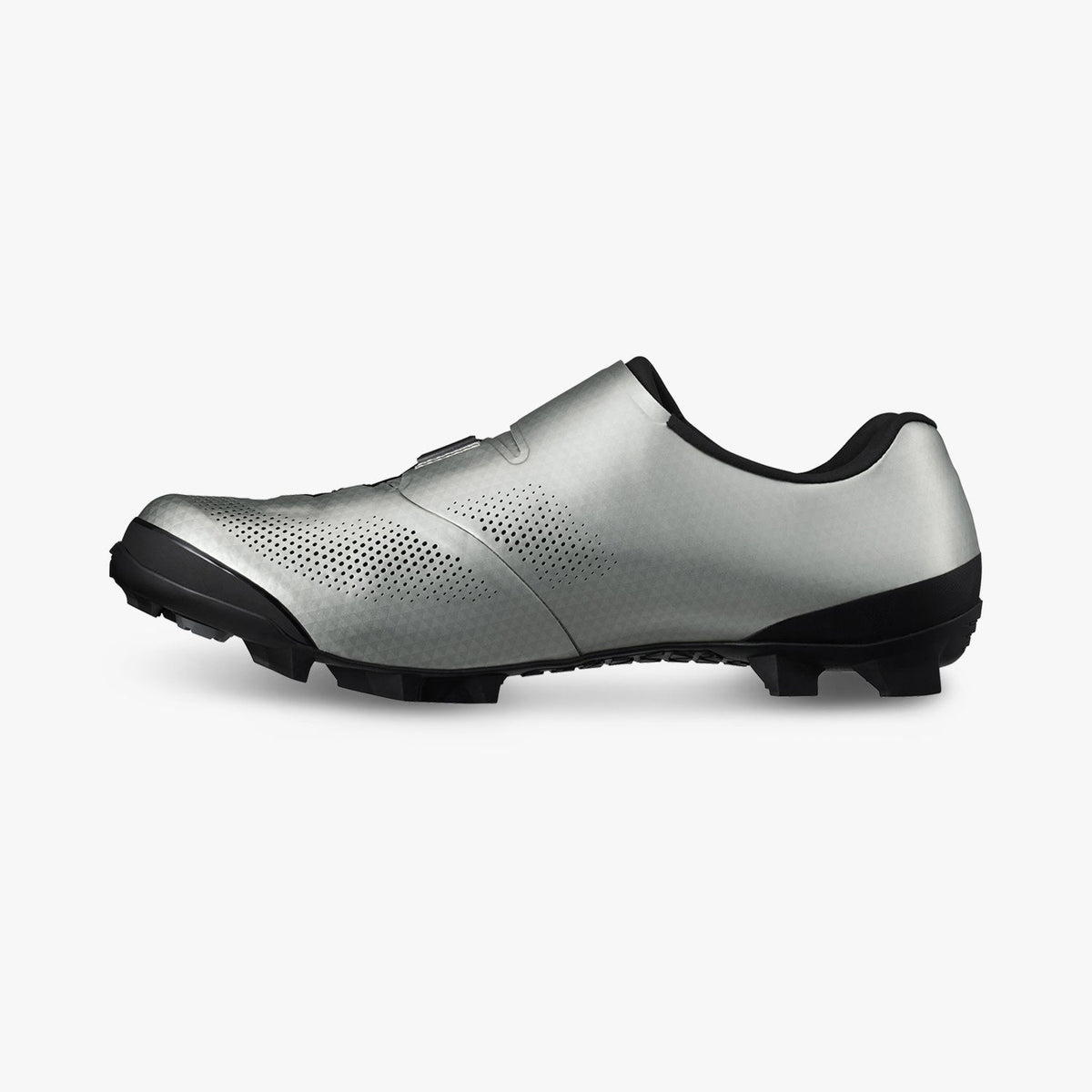 Silver cycling shoe with vented side panels, black outsole, and low-profile design